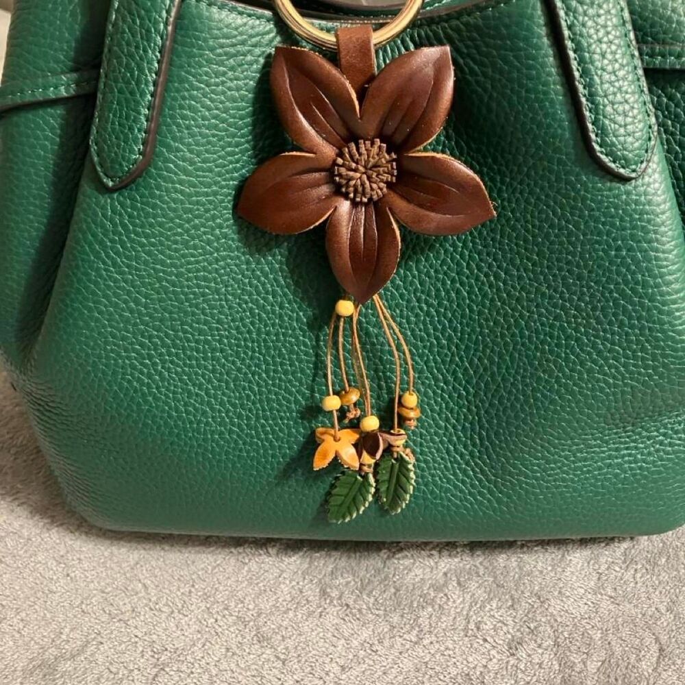 NWT Brown Flower Tassel Keychain Bag Charm with Flowers and Leaves